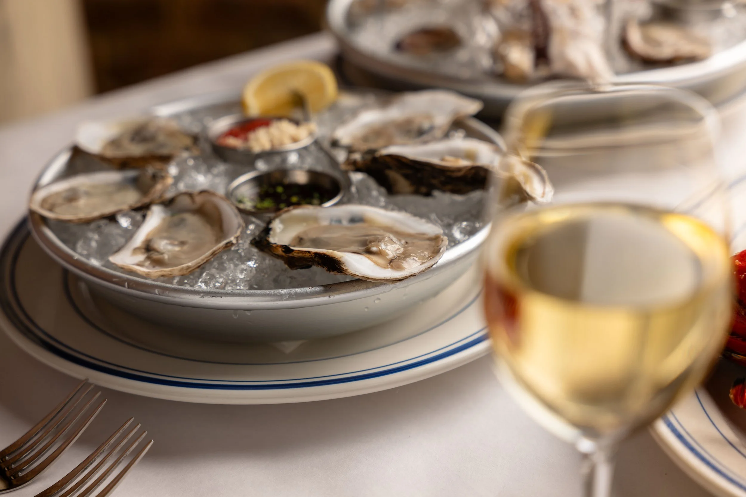 Oysters on ice with a glass of white wine